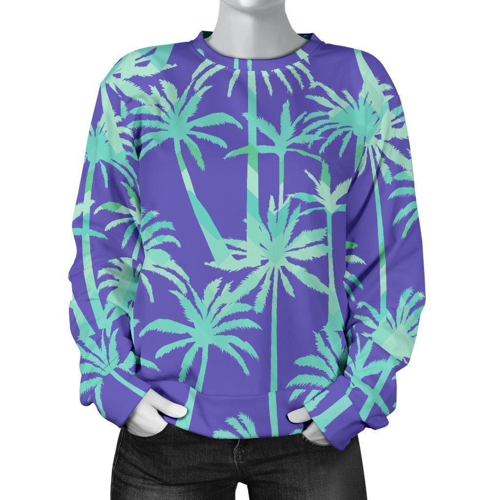 Teal Palm Tree Pattern Print Women's Crewneck Sweatshirt GearFrost