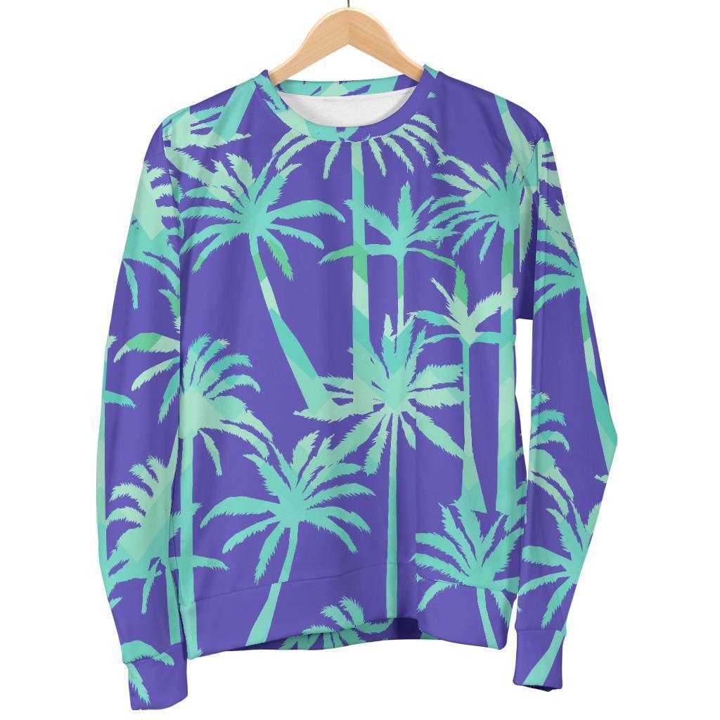 Teal Palm Tree Pattern Print Women's Crewneck Sweatshirt GearFrost