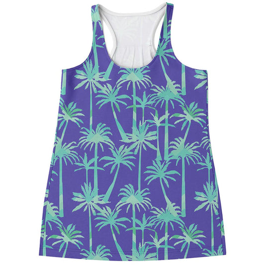Teal Palm Tree Pattern Print Women's Racerback Tank Top