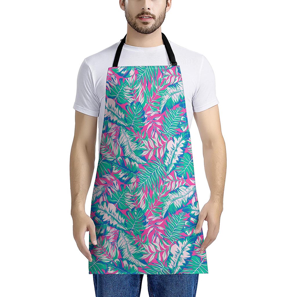 Teal Pink Blossom Tropical Pattern Print Apron