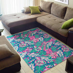 Teal Pink Blossom Tropical Pattern Print Area Rug GearFrost