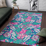 Teal Pink Blossom Tropical Pattern Print Area Rug GearFrost