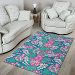 Teal Pink Blossom Tropical Pattern Print Area Rug GearFrost