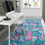 Teal Pink Blossom Tropical Pattern Print Area Rug GearFrost