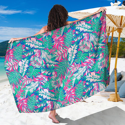 Teal Pink Blossom Tropical Pattern Print Beach Sarong Wrap