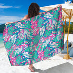Teal Pink Blossom Tropical Pattern Print Beach Sarong Wrap