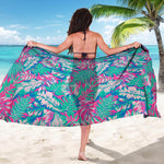 Teal Pink Blossom Tropical Pattern Print Beach Sarong Wrap