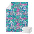 Teal Pink Blossom Tropical Pattern Print Blanket