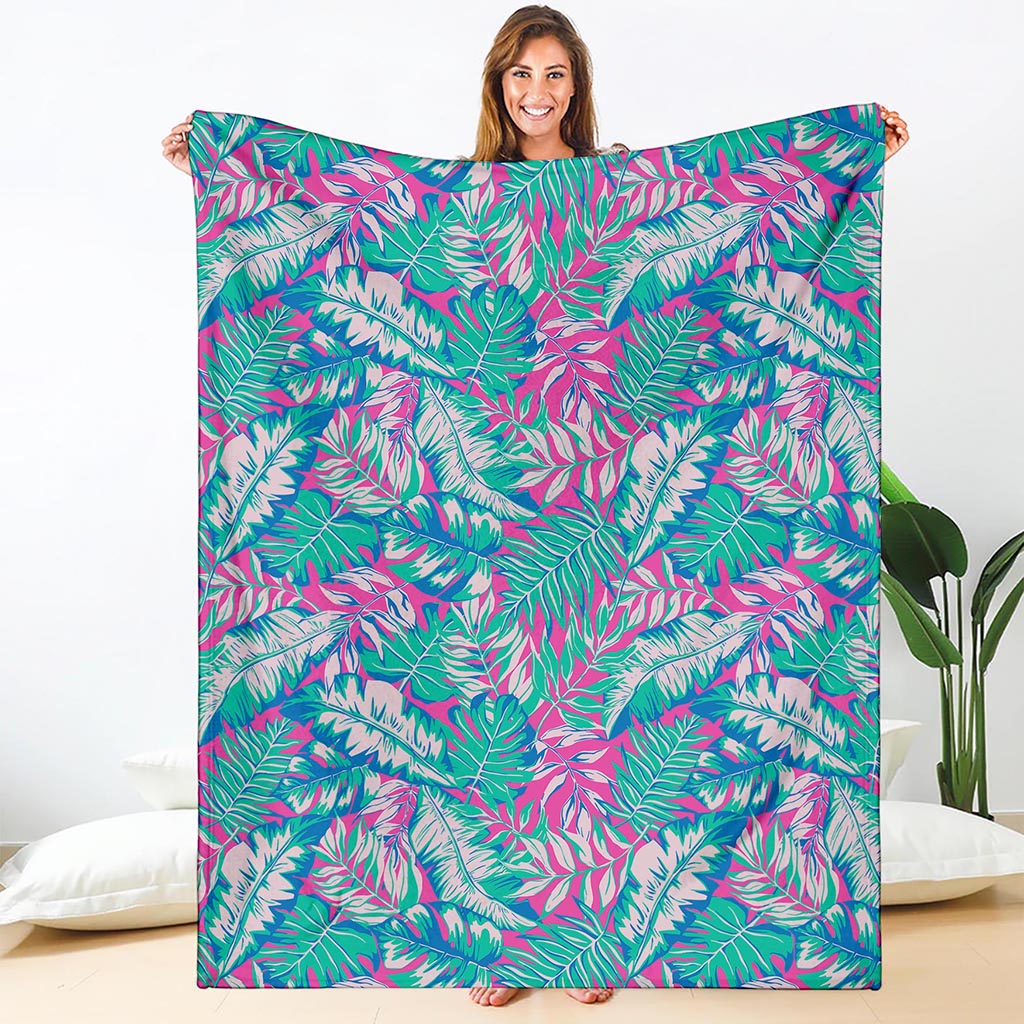 Teal Pink Blossom Tropical Pattern Print Blanket