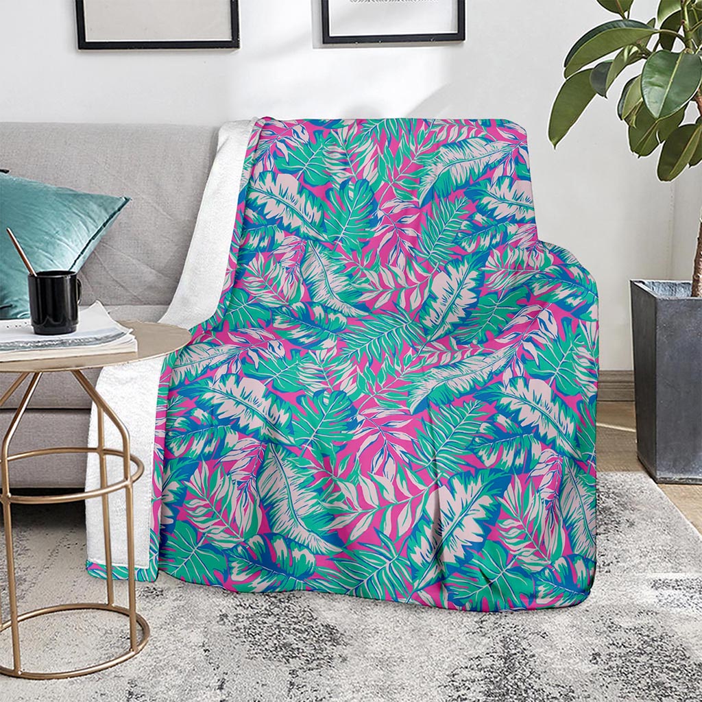 Teal Pink Blossom Tropical Pattern Print Blanket