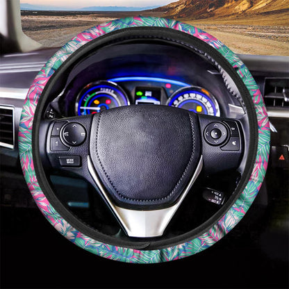 Teal Pink Blossom Tropical Pattern Print Car Steering Wheel Cover