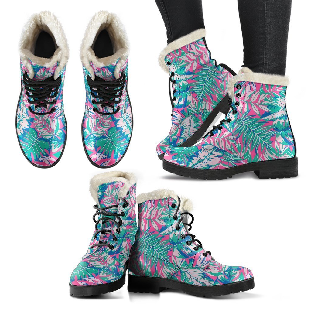Teal Pink Blossom Tropical Pattern Print Comfy Boots GearFrost