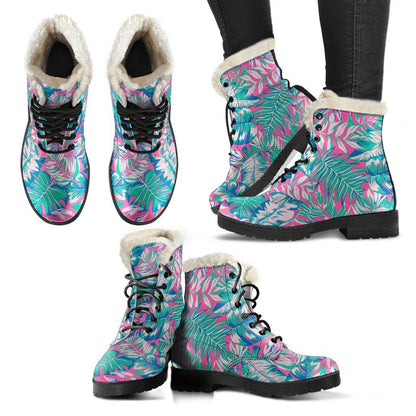 Teal Pink Blossom Tropical Pattern Print Comfy Boots GearFrost