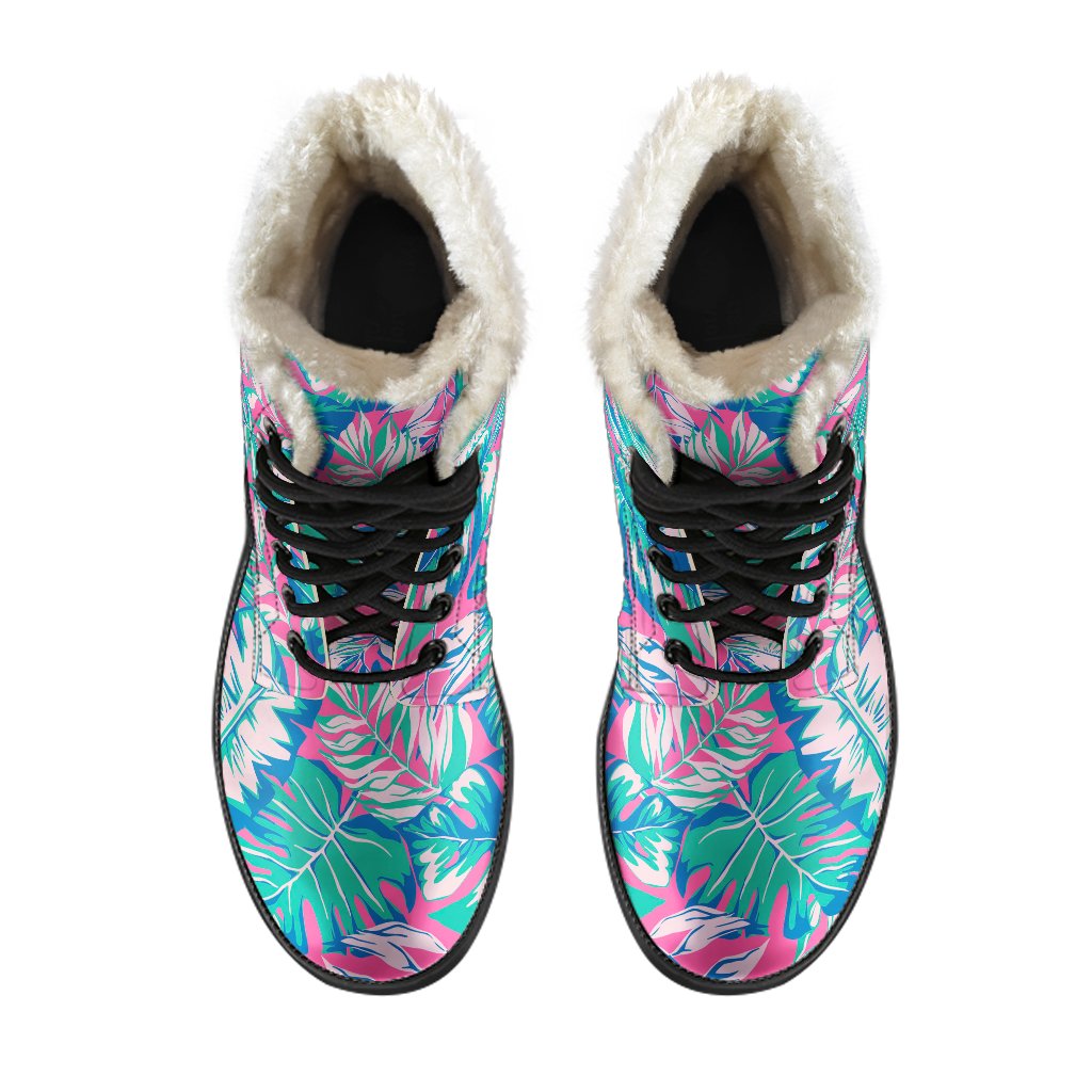 Teal Pink Blossom Tropical Pattern Print Comfy Boots GearFrost