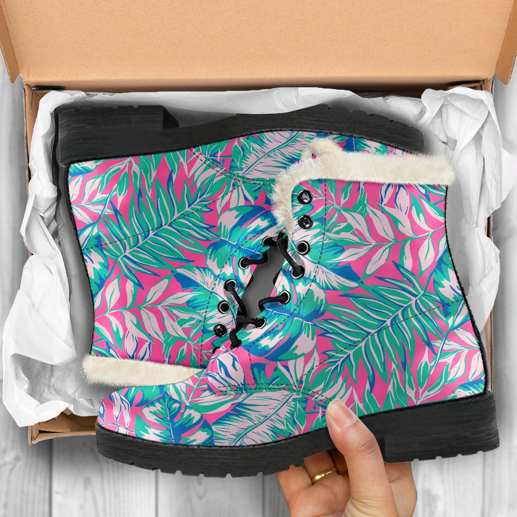 Teal Pink Blossom Tropical Pattern Print Comfy Boots GearFrost