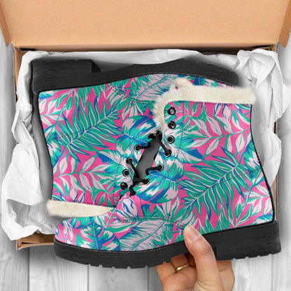 Teal Pink Blossom Tropical Pattern Print Comfy Boots GearFrost