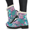 Teal Pink Blossom Tropical Pattern Print Faux Fur Leather Boots