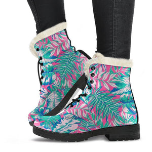 Teal Pink Blossom Tropical Pattern Print Comfy Boots GearFrost