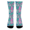 Teal Pink Blossom Tropical Pattern Print Crew Socks