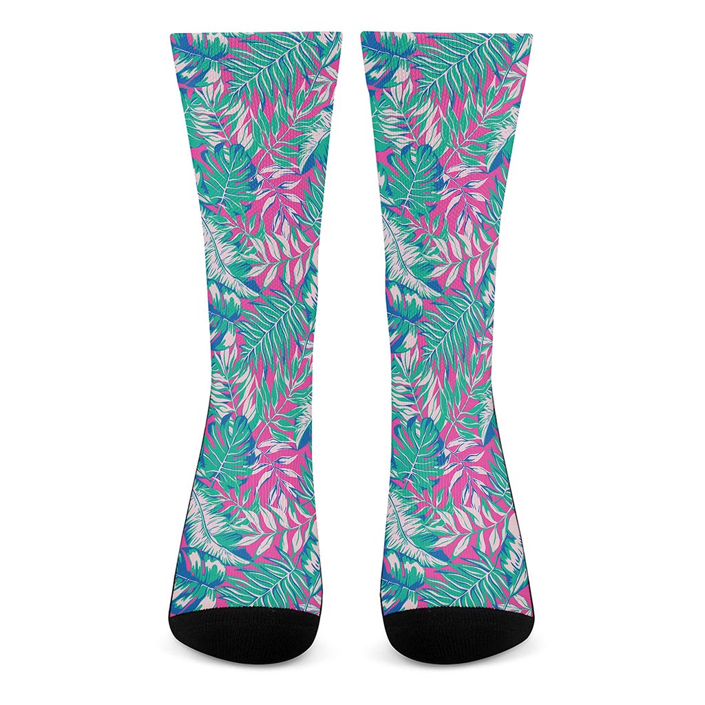 Teal Pink Blossom Tropical Pattern Print Crew Socks