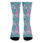 Teal Pink Blossom Tropical Pattern Print Crew Socks