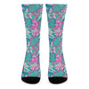 Teal Pink Blossom Tropical Pattern Print Crew Socks