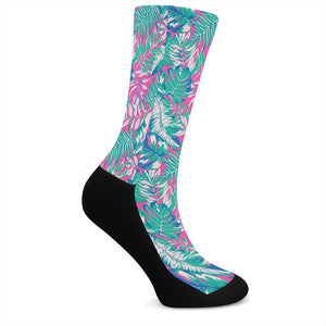 Teal Pink Blossom Tropical Pattern Print Crew Socks