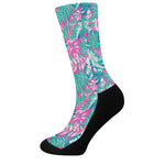 Teal Pink Blossom Tropical Pattern Print Crew Socks