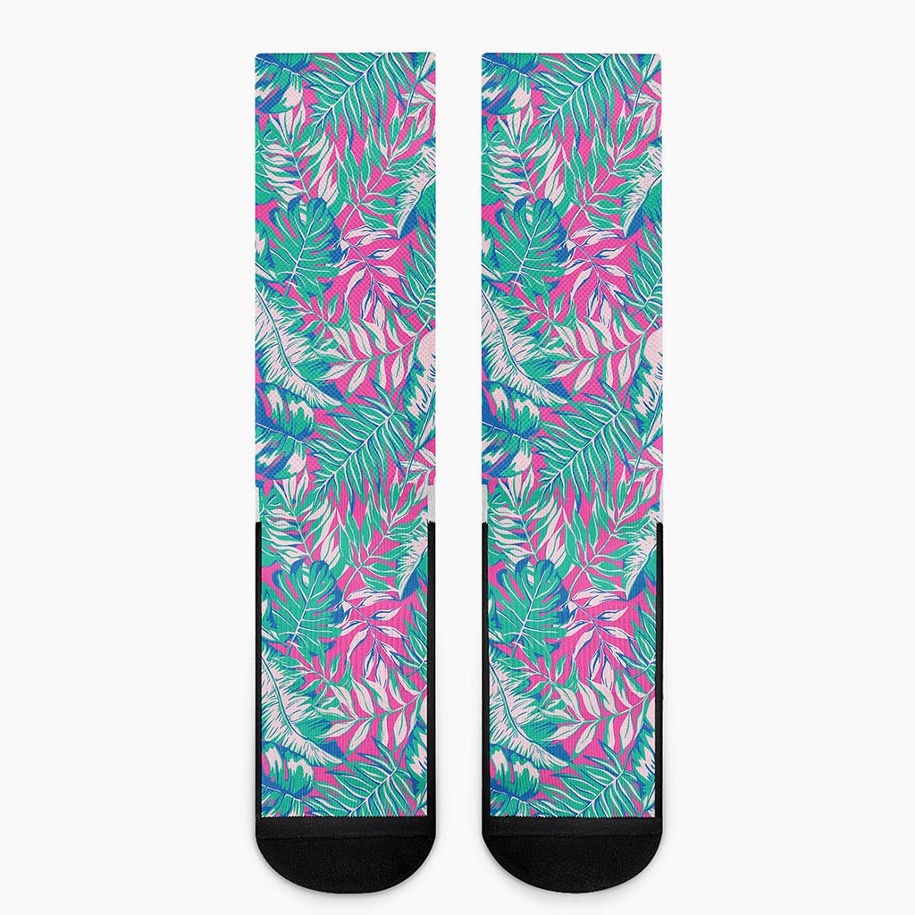 Teal Pink Blossom Tropical Pattern Print Crew Socks