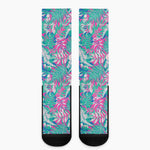 Teal Pink Blossom Tropical Pattern Print Crew Socks