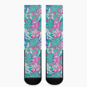 Teal Pink Blossom Tropical Pattern Print Crew Socks