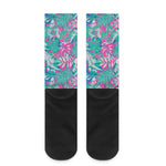 Teal Pink Blossom Tropical Pattern Print Crew Socks