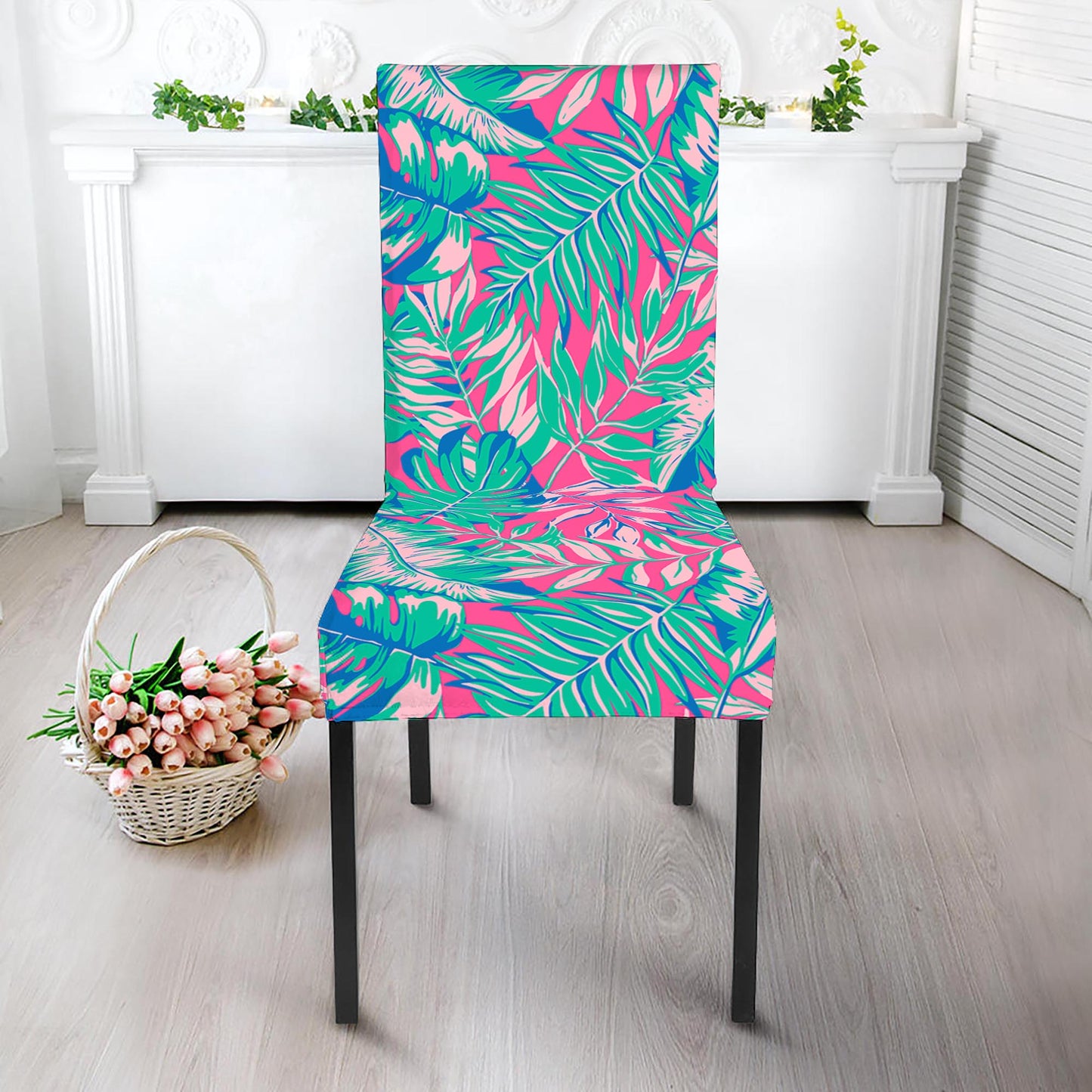 Teal Pink Blossom Tropical Pattern Print Dining Chair Slipcover