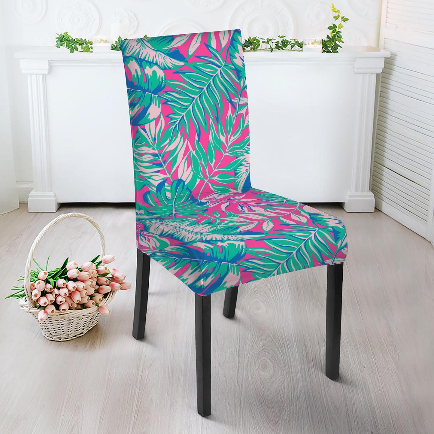 Teal Pink Blossom Tropical Pattern Print Dining Chair Slipcover
