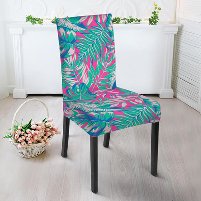 Teal Pink Blossom Tropical Pattern Print Dining Chair Slipcover