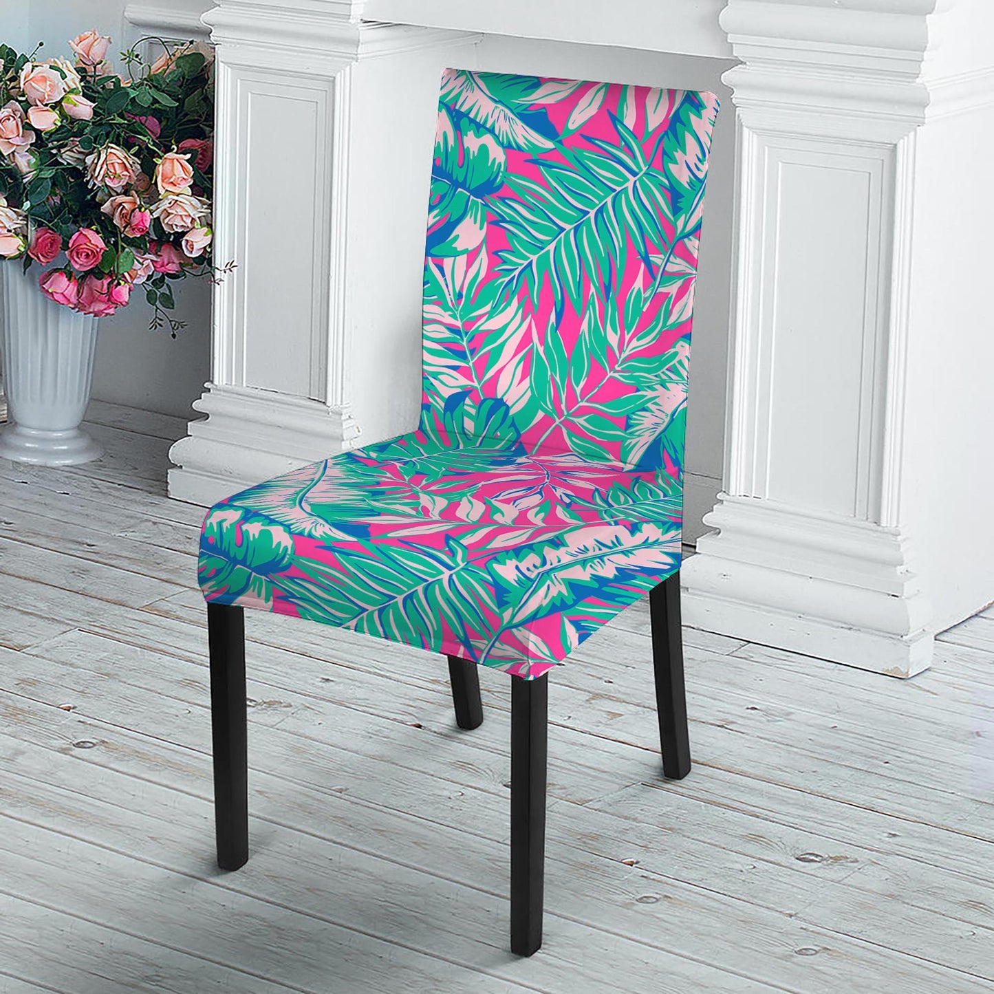 Teal Pink Blossom Tropical Pattern Print Dining Chair Slipcover