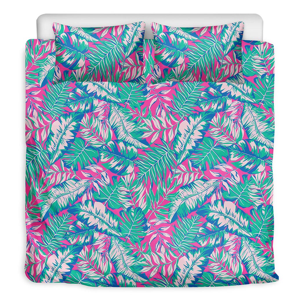 Teal Pink Blossom Tropical Pattern Print Duvet Cover Bedding Set