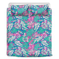 Teal Pink Blossom Tropical Pattern Print Duvet Cover Bedding Set