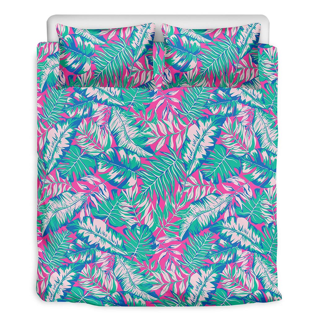Teal Pink Blossom Tropical Pattern Print Duvet Cover Bedding Set
