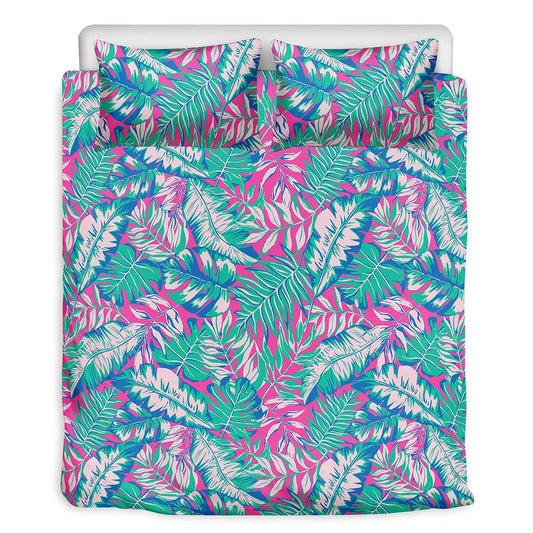Teal Pink Blossom Tropical Pattern Print Duvet Cover Bedding Set