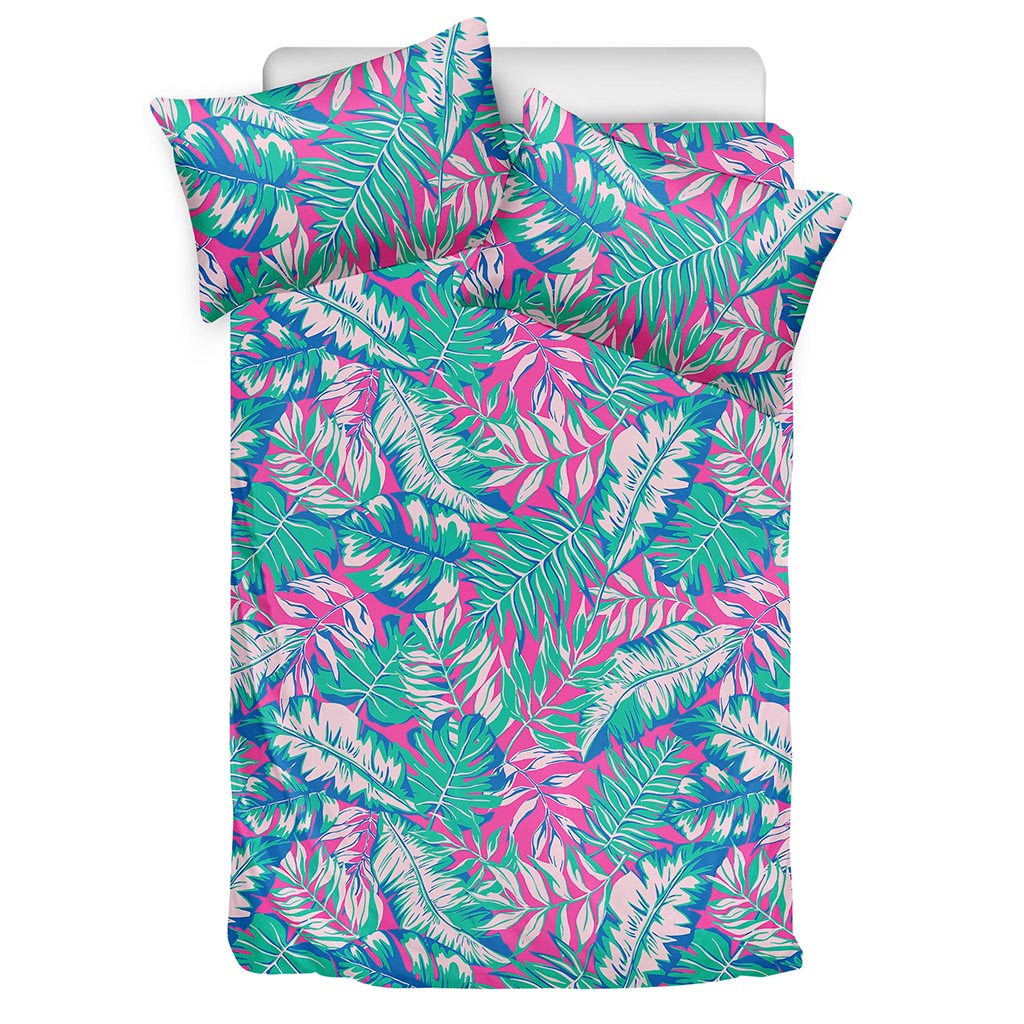 Teal Pink Blossom Tropical Pattern Print Duvet Cover Bedding Set