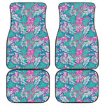 Teal Pink Blossom Tropical Pattern Print Front and Back Car Floor Mats