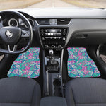 Teal Pink Blossom Tropical Pattern Print Front and Back Car Floor Mats