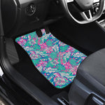 Teal Pink Blossom Tropical Pattern Print Front and Back Car Floor Mats