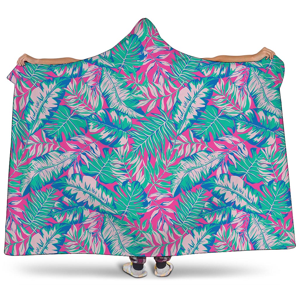 Teal Pink Blossom Tropical Pattern Print Hooded Blanket