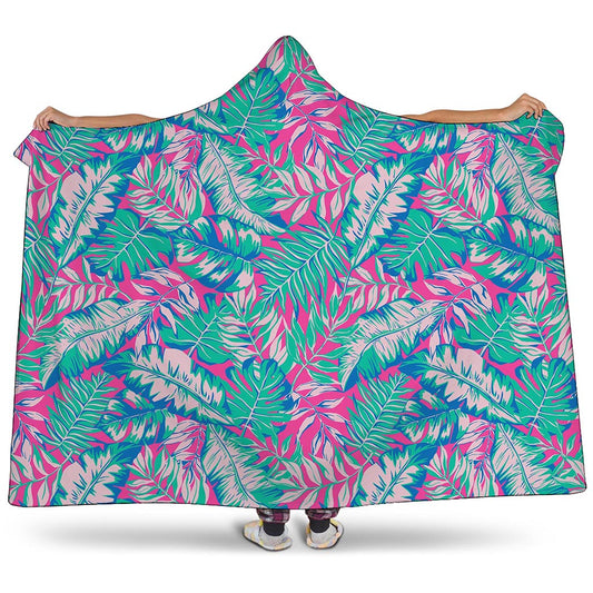 Teal Pink Blossom Tropical Pattern Print Hooded Blanket