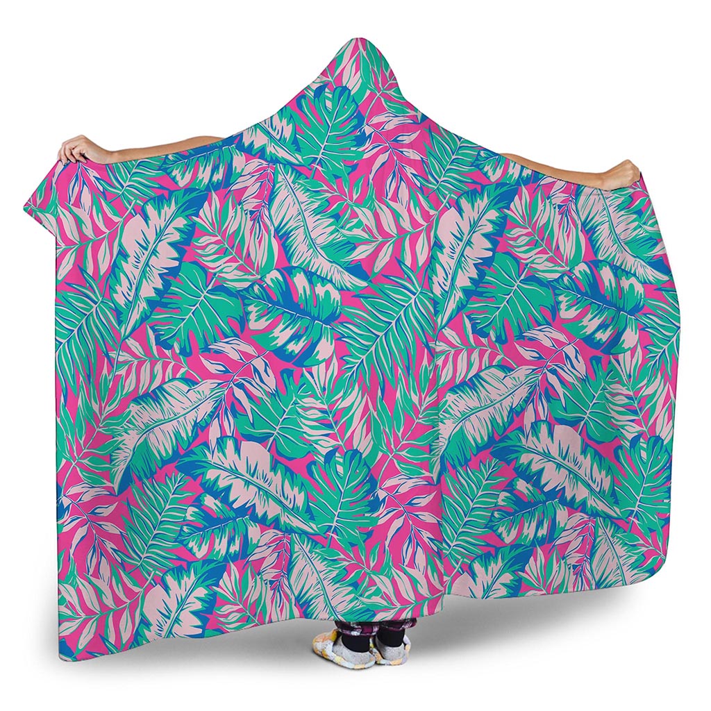 Teal Pink Blossom Tropical Pattern Print Hooded Blanket