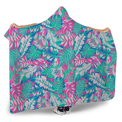 Teal Pink Blossom Tropical Pattern Print Hooded Blanket