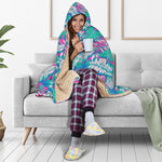 Teal Pink Blossom Tropical Pattern Print Hooded Blanket