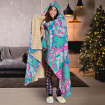 Teal Pink Blossom Tropical Pattern Print Hooded Blanket